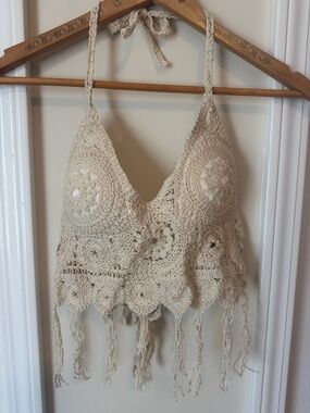 SHEIN Cream Crochet Fringe Halter Crop Top